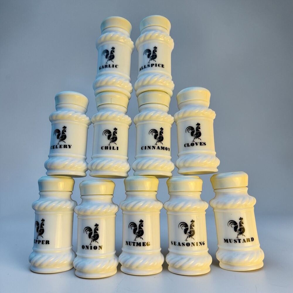 Hazel Atlas Milk Glass Spice Jars Black Roosters 11 Mid Century - Picture 6 of 8